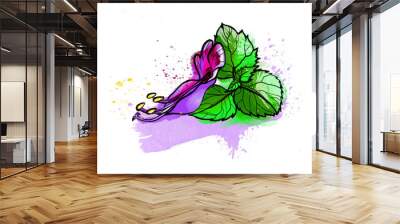 Hand drawing illustration, colorful bright  patchouli flower with leaves.  Watercolors, white background. Wall mural