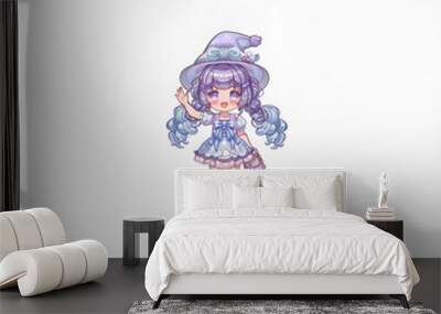 cartoon girl with blue hair and a purple hat on a white background Wall mural