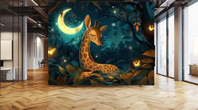 A Baby Giraffe's Serene Sleep Surrounded by Fireflies and a Crescent Moon, Captured in an Adorable Illustration Wall mural