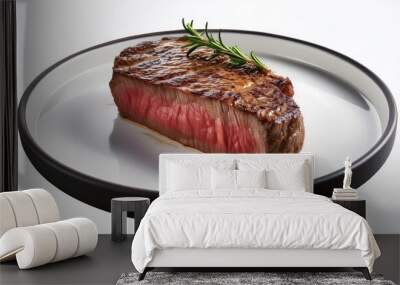 a piece of steak is on a white plate Wall mural