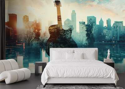 A Surreal Cityscape and Nature's Reflection Paint a Picture with the Silhouette of an Acoustic Guitar Wall mural