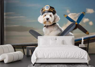 a white dog wearing a pilot s hat and sitting on a propellor generative ai Wall mural