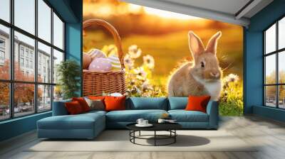 cute little easter bunny sitting near a basket with easter eggs in flowery meadow golden hour golden hour sun is shining banner image Wall mural