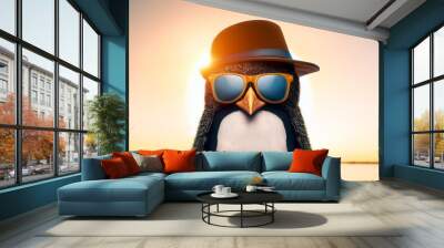 generative ai illustration of penguin with sunglasses and hat Wall mural