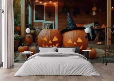 Two pumpkins with a black hat on top of them. The pumpkins are smiling and have their eyes open Wall mural