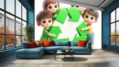 3D funny children cartoon with recycling symbol in sign of protection of planet earth Wall mural