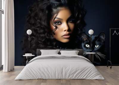 Beautiful woman with long curly hair and a black cat. Woman's Day. AI generated Wall mural