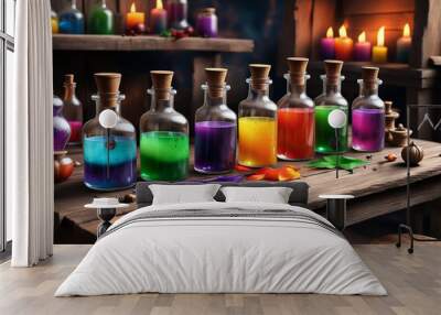 bottles with potions prepared by a witch for witchcraft. ai generated Wall mural