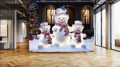 Cute illuminated snowman. Snow and Christmas time Wall mural