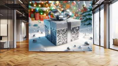 Huge Christmas gift box in snowy landscape Wall mural