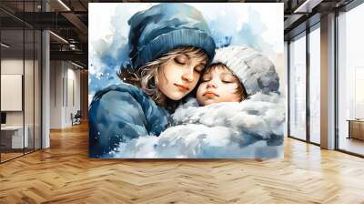 Watercolor illustration of two children. AI generated Wall mural