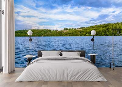 Blue lake water with rippled surface and forest, tranquil scenery Wall mural