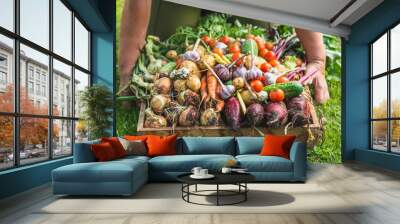 Farmer with a vegetable box, freshly harvested produce in the garden - farm fresh vegetables, organic farming concept Wall mural