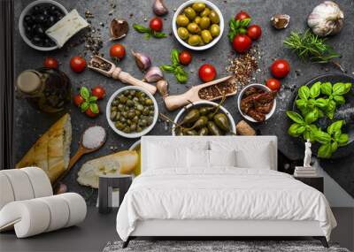 Fresh ingredients of italian food, mediterranean diet, background Wall mural