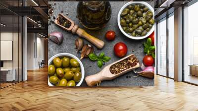 Mediterranean food ingredients or italian diet background Wall mural