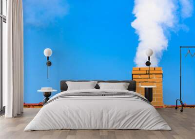 Modern house roof with chimney smoke, air pollution and smog in winter, ecological problems Wall mural