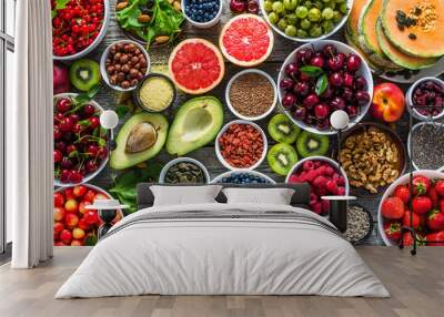 Selection of healthy food. Superfoods, various fruits and assorted berries, nuts and seeds. Wall mural