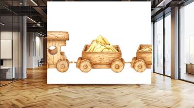 Children's toy wooden train with sand and two wagons. Watercolor illustration of transport for small children on an isolated background. Drawing of a toy train for children's design. Wall mural