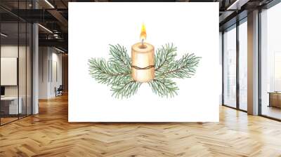 Rustic cylindrical burning candle tied in fir branches watercolor illustration.  Isolated from the background. The candle has a warm, natural tone, suitable for Christmas and New Year. Wall mural