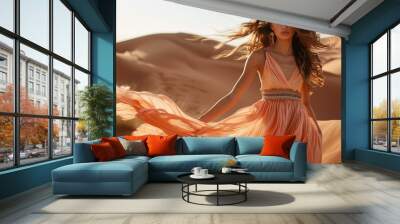 fashion model wearing flowing boho dress in editorial in desert dunes Wall mural