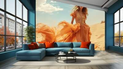 fashion model wearing flowing boho dress in editorial in desert dunes Wall mural