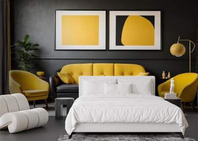 modern living room features a mid-century, vintage, retro style with a black sofa and yellow chairs placed against a wall adorned with a poster frame Wall mural