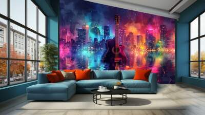 Music on urban city with neon color music background Wall mural