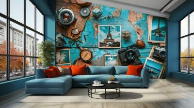 travel photos of different landmarks and tourism destinations on table  Wall mural