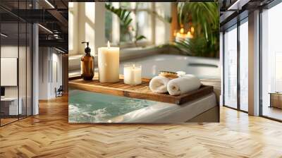 Wooden bath tray with candle and bathroom amenities on tub indoors Wall mural