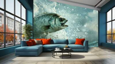 A big fish is leaping out of the water with its mouth wide open. Wall mural