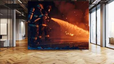 A team of firefighters in action, using a powerful hose to extinguish a fire in the night, with copyspace Wall mural