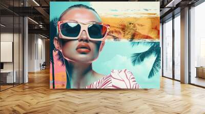 Chic summer mood board with a stylish woman in oversized sunglasses, featuring vintage cut-and-paste palm trees and vibrant abstract elements Wall mural