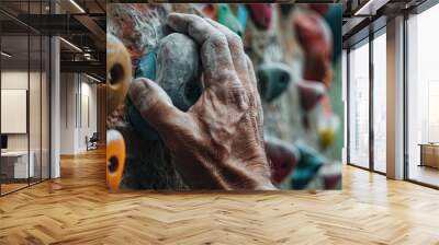 Close up of a mans hand gripping onto a climbing wall hold Wall mural