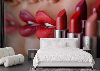 Close-up shot of female lips with red lipstick. Makeup concept Wall mural