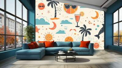 flat summer pattern with sunglasses, palm trees and dolphins in the background, beach ball, cocktail glass, suns, clouds, stars, simple shapes, beige color Wall mural