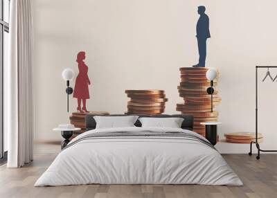 Gender pay gap inequality. Business man and woman on a stack of coins. Wall mural