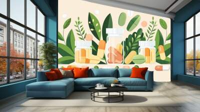 illustration of pill on green plant background, medicine Wall mural