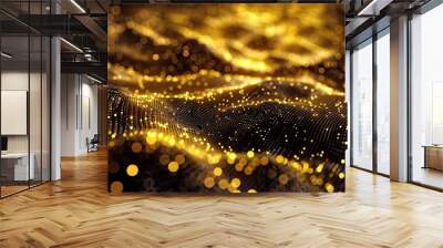 Modern trendy golden glowing particles with depth of field, bokeh, waving, motion, Particles form line and 3d surface grid, topography, abstract golden tech luxury backgrounds Wall mural