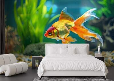 Oranda goldfish in aquarium fish tank close up Wall mural