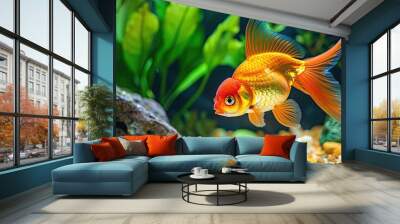 Oranda goldfish in aquarium fish tank close up Wall mural