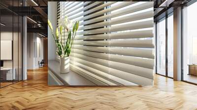 Window blinds with lily flower in vase, interior design Wall mural