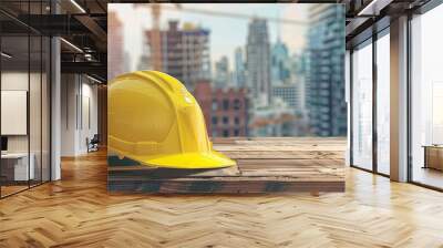 Yellow safety construction helmet on wood table with construction site background Wall mural