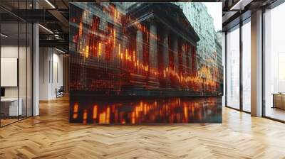 A city street with a large building in the background. The building is overlaid with a stock market graph, showing the fluctuation of prices. Wall mural