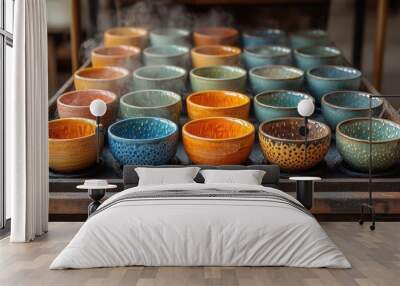 A collection of colorful ceramic teacups with steam rising from them, arranged in rows on a metal tray. Wall mural