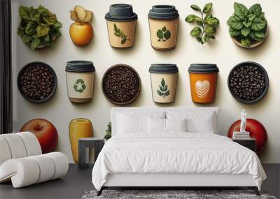 A creative arrangement of coffee cups, fruits, and herbs emphasizing natural ingredients. Wall mural