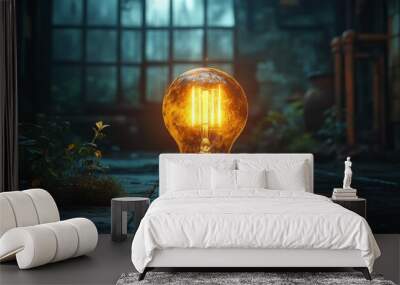 A glowing light bulb sits on a concrete floor in a dark, moody, and overgrown room. Wall mural