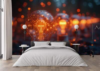 A glowing light bulb with a network of lines inside, representing ideas and innovation. Wall mural