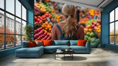 A person explores a vibrant market filled with various fresh fruits and vegetables. Wall mural