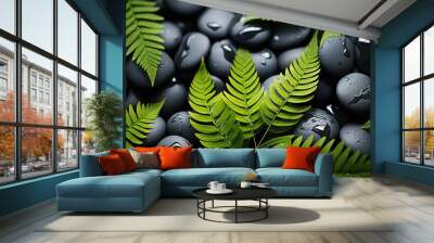 A serene arrangement of smooth black stones and vibrant green ferns with water droplets. Wall mural