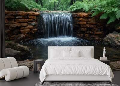 A small waterfall cascades over a stone wall into a clear pool of water in a lush forest. Wall mural